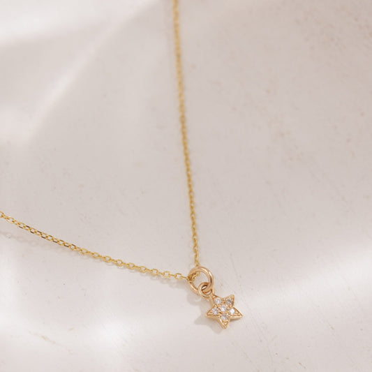 14k Solid Gold Tiny Diamond Star Necklace
