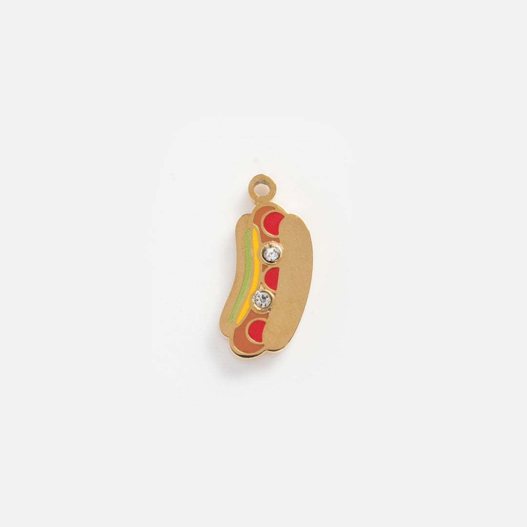 Hot dog charm with mustard, ketchup, and relish on a white background