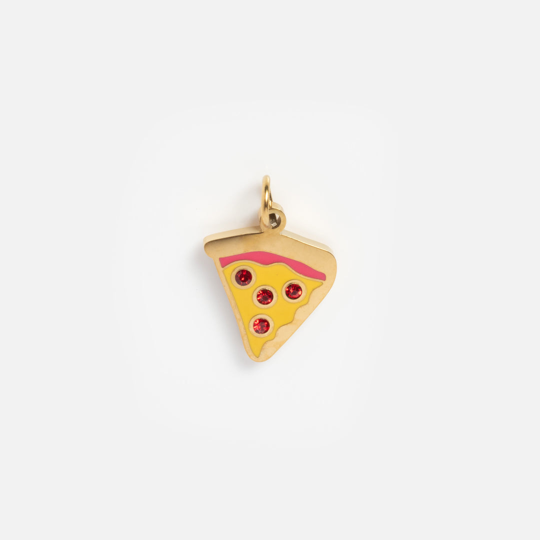 Gold pizza slice charm with red tomato slices on a white background