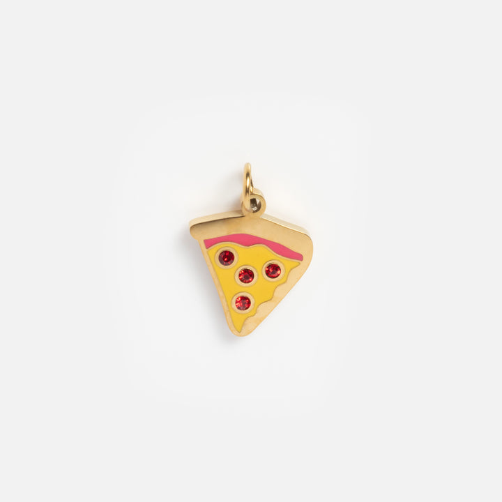Gold pizza slice charm with red tomato slices on a white background