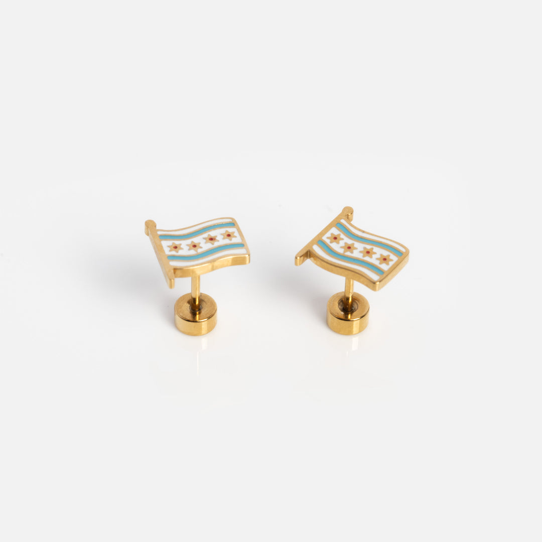 Pair of flag-shaped cufflinks on a white background