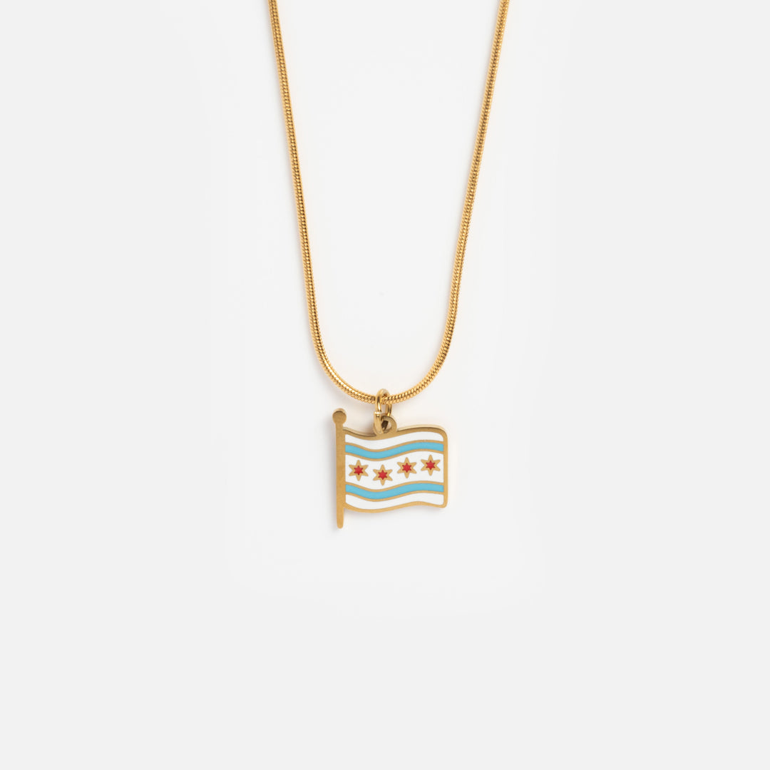 Necklace with a pendant featuring a flag design on a white background