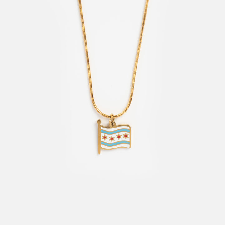 Necklace with a pendant featuring a flag design on a white background