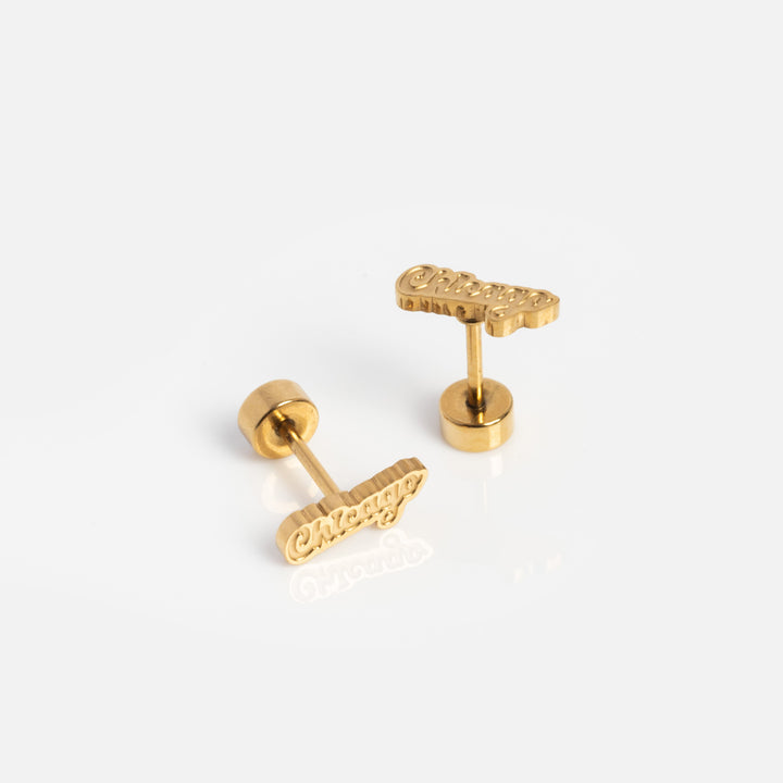 Pair of gold earrings on a white background