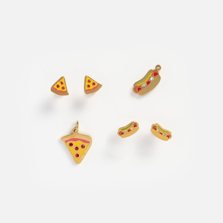Pizza slices and hot dogs as charms on a white background