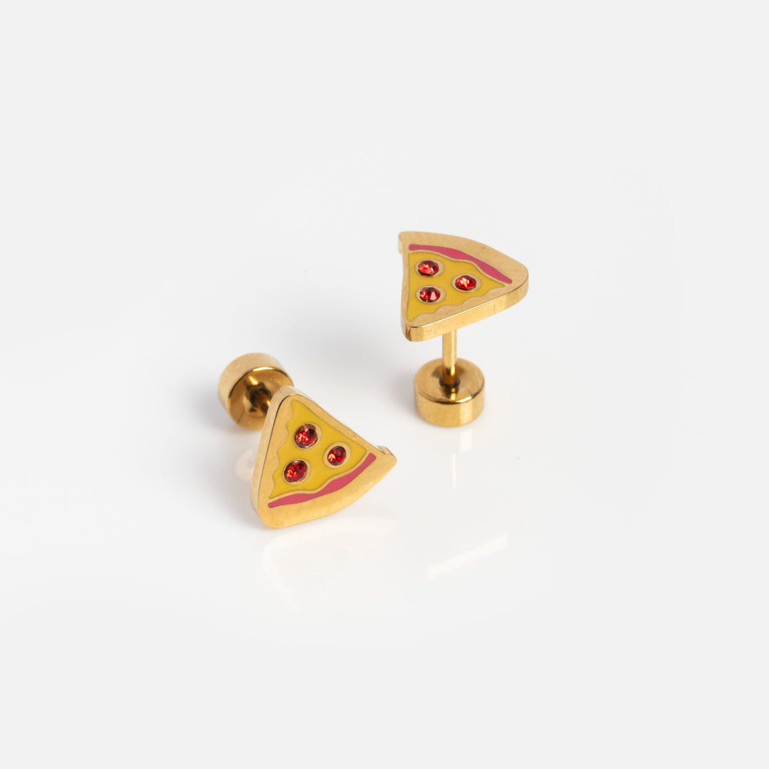 Gold pizza slice earrings on a white background
