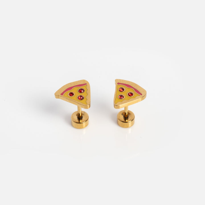 Gold pizza slice cufflinks on a white background