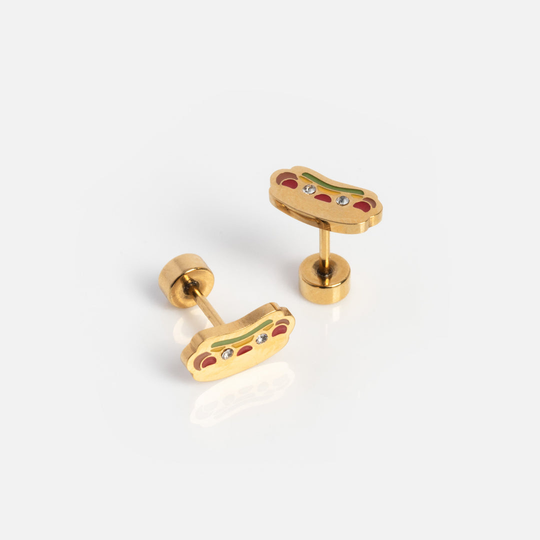 Gold hot dog-shaped cufflinks with colorful accents on a white background