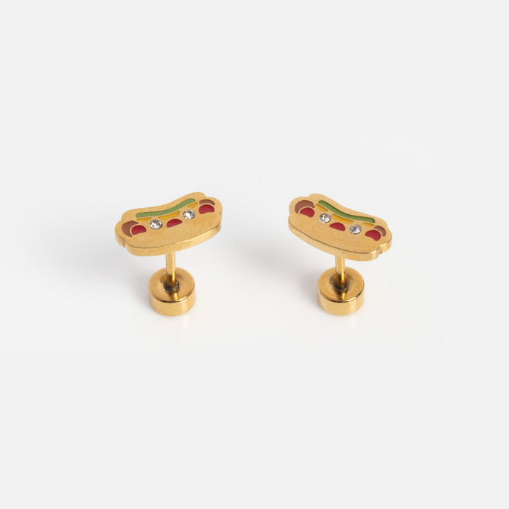 Pair of gold cufflinks with colorful gemstones on a white background