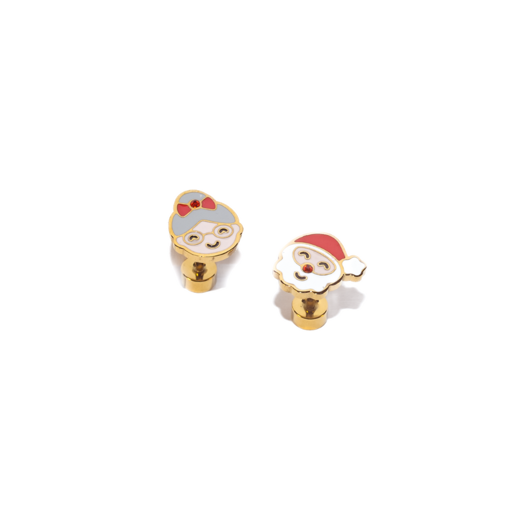 Pair of small earrings with Santa Claus design on a white background