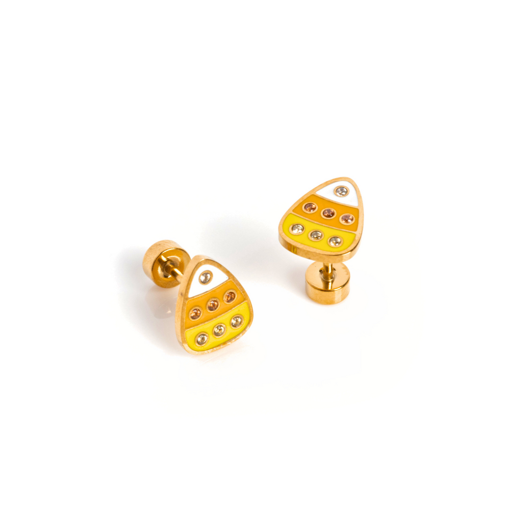 Pair of yellow teardrop-shaped earrings with rhinestones on a white background