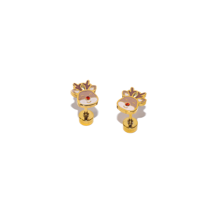 Gold earrings with floral designs on a white background