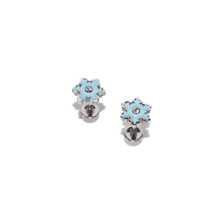 Pair of flower-shaped earrings with blue centers on a white background