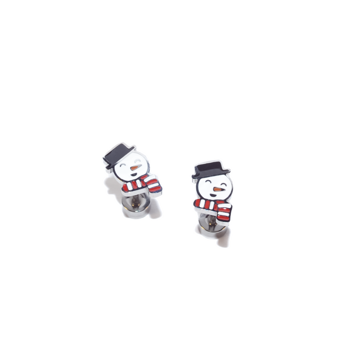 Pair of snowman-shaped earrings on a white background