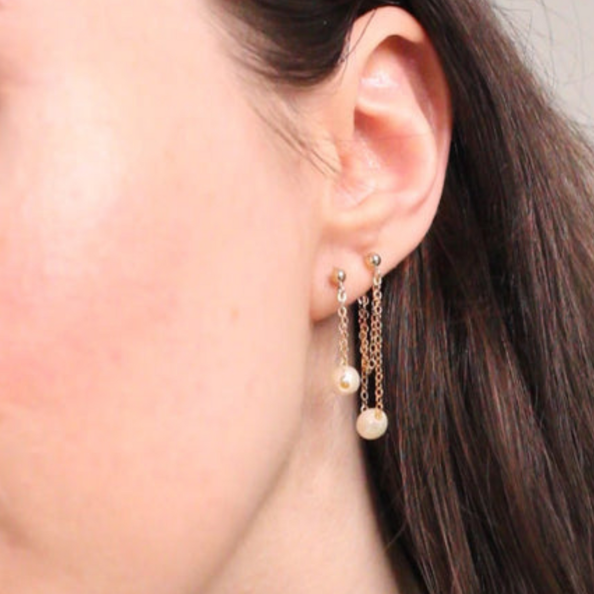 PEARL HOOP&CHAIN PIERCED EARRINGS