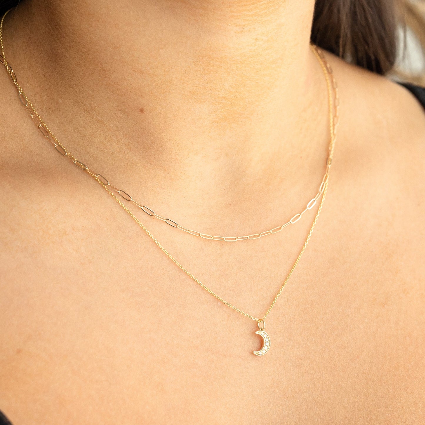 14k Solid Gold Tiny Diamond Moon Necklace