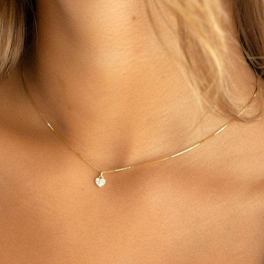14k Solid Gold Tiny Diamond Heart Necklace
