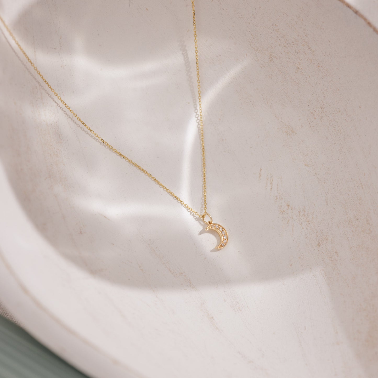 14k Solid Gold Tiny Diamond Moon Necklace